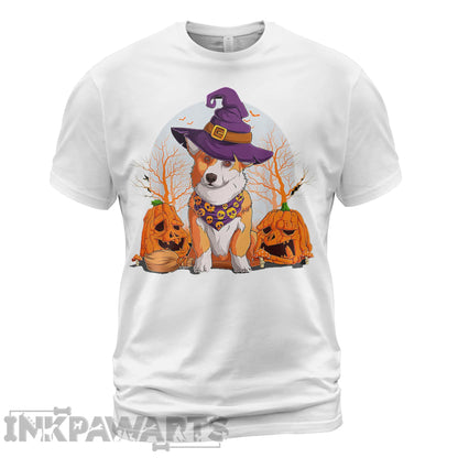 White Corgi T-Shirt with Halloween witch hat and pumpkin design by InkPawArts