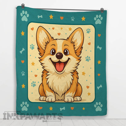 Cute cartoon Corgi Quilt with paw prints, bones, stars, and hearts on teal background