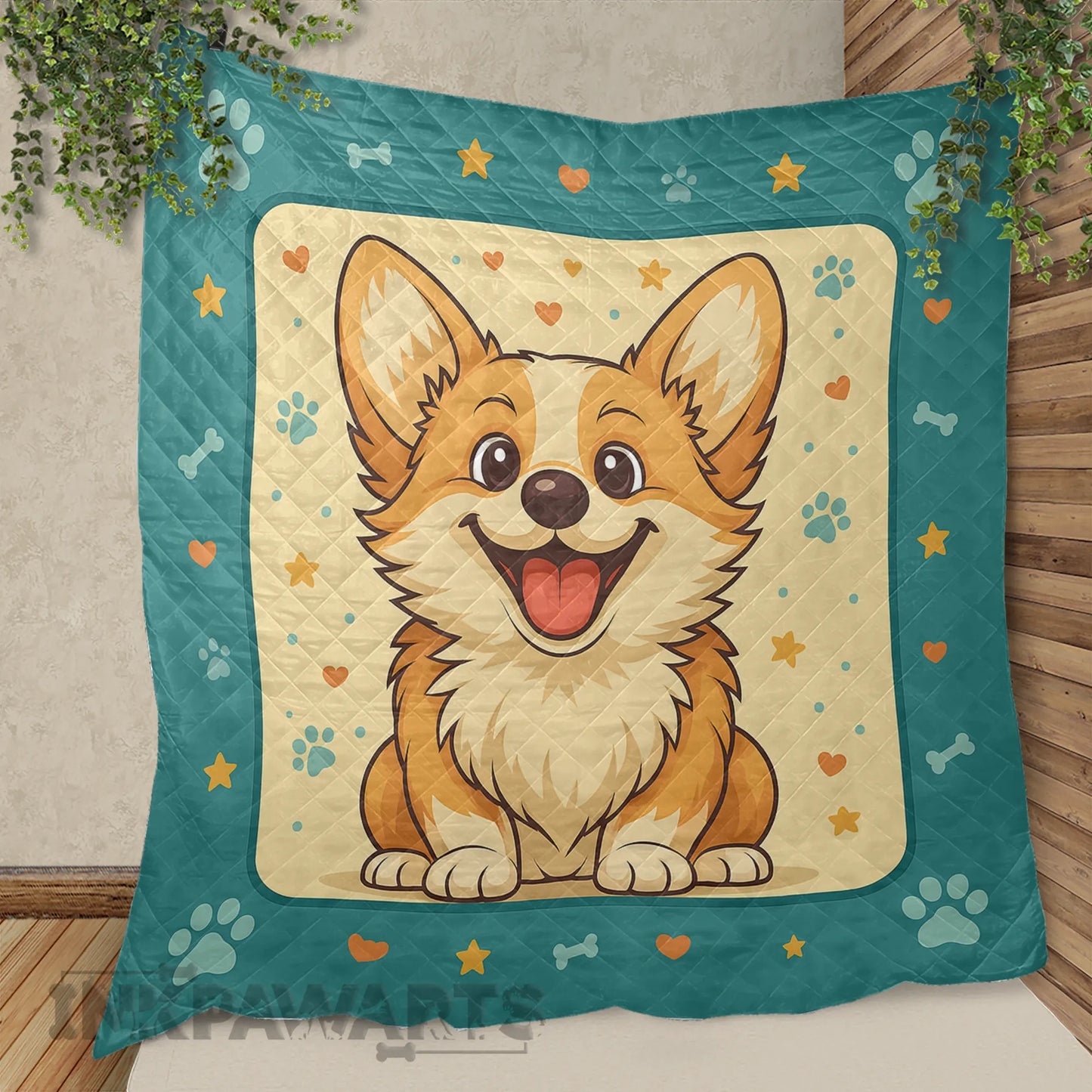 Colorful Corgi Quilt by InkPawArts featuring a happy cartoon corgi with paw prints and stars on a teal background