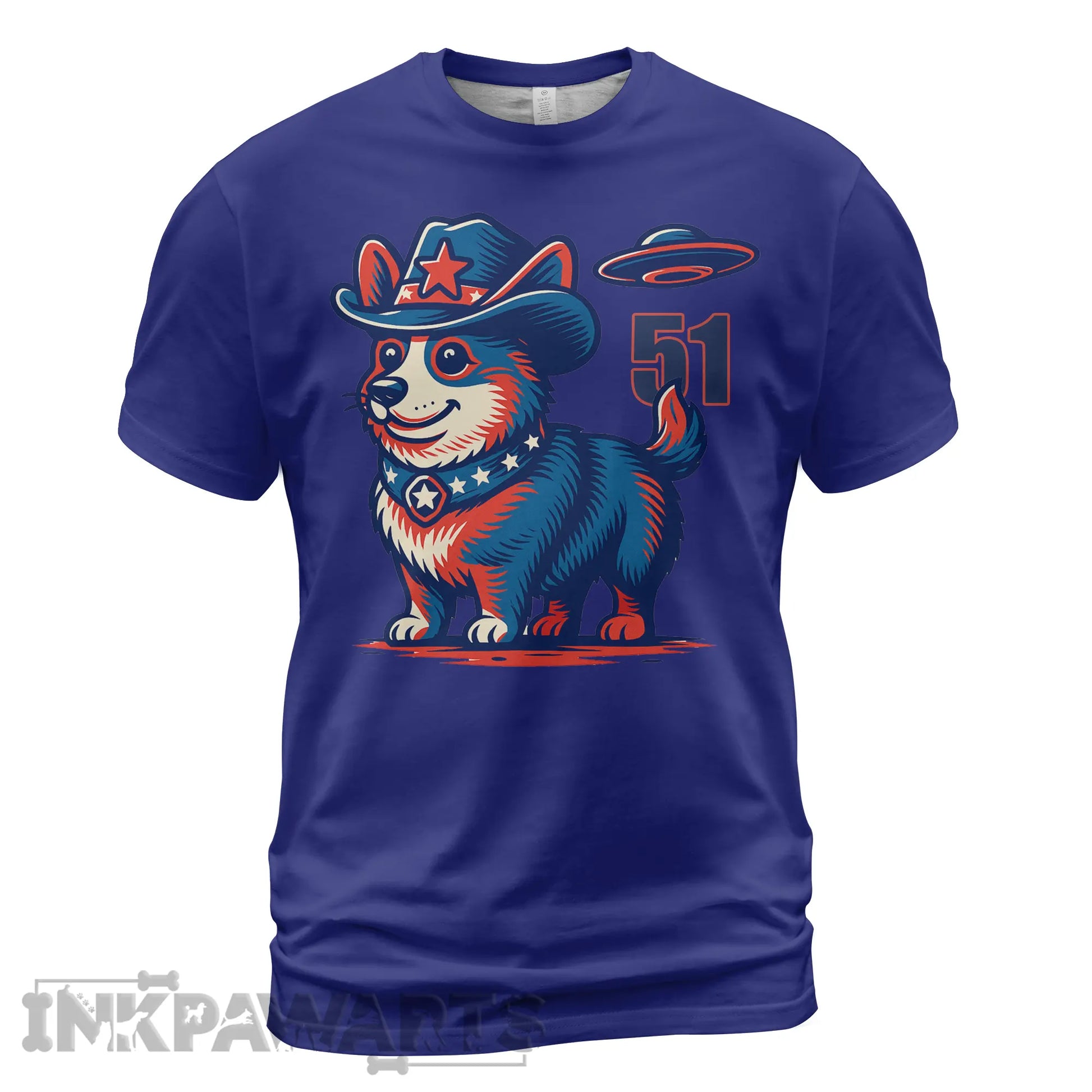 InkPawArts blue Corgi T-Shirt with patriotic dog wearing cowboy hat and UFO design