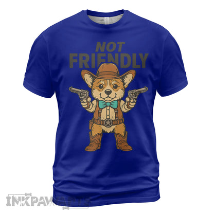 InkPawArts blue Corgi T-Shirt featuring a cowboy corgi with two pistols and not friendly text