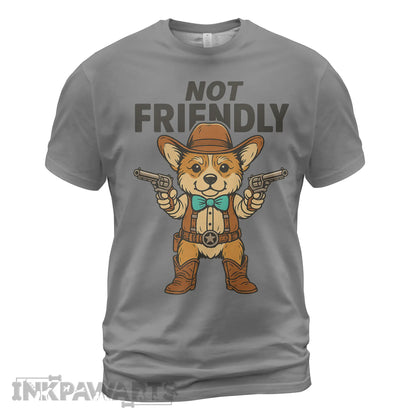 InkPawArts gray Corgi T-Shirt featuring a cowboy corgi with two pistols and not friendly text
