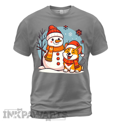 Gray Corgi T-Shirt with festive snowman and corgi wearing winter hats and scarves