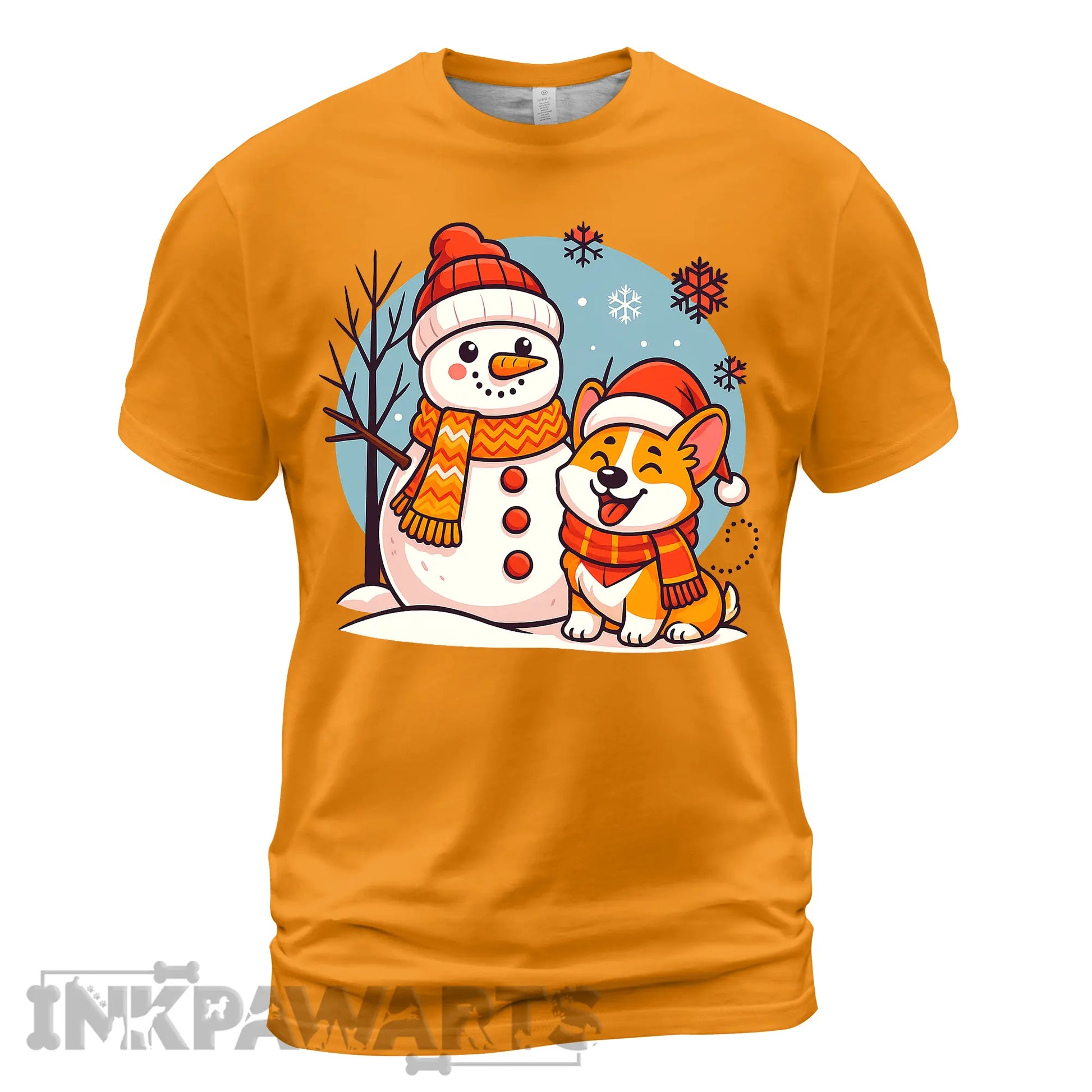 InkPawArts orange Corgi T-Shirt featuring a festive corgi and snowman with winter accessories