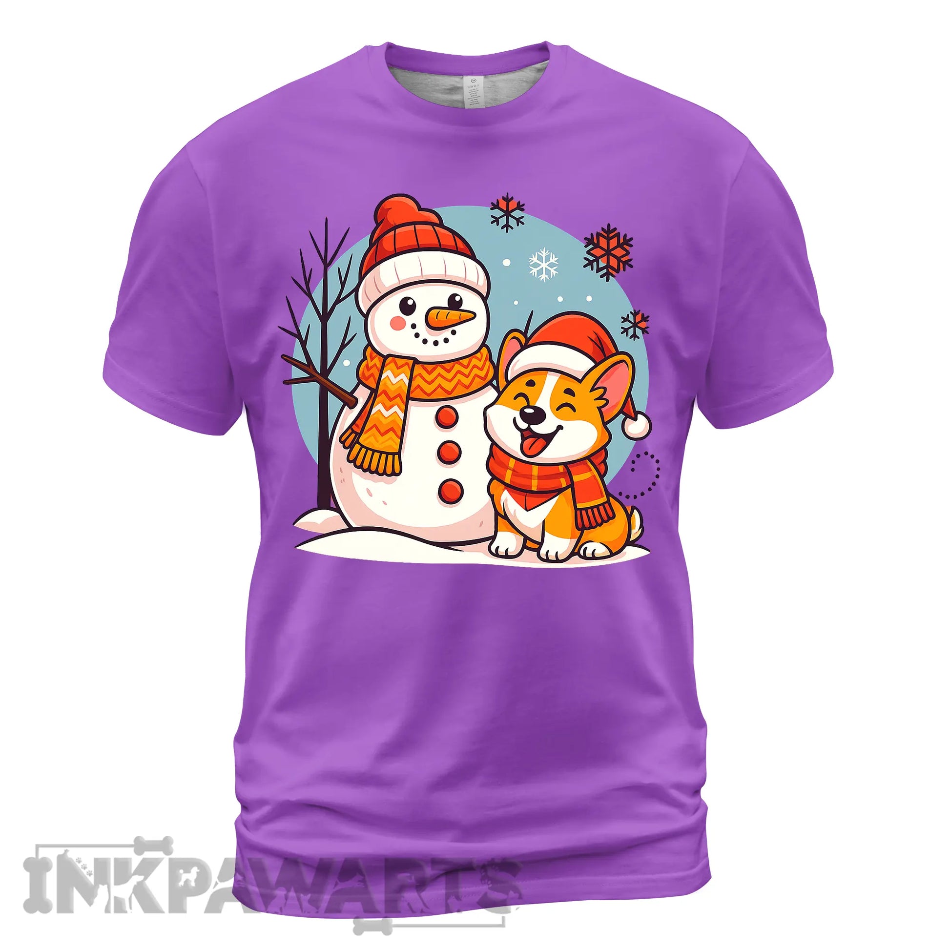 Purple Corgi T-Shirt with a cute corgi wearing a Santa hat next to a snowman in winter scene
