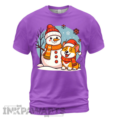 Purple Corgi T-Shirt with a cute corgi wearing a Santa hat next to a snowman in winter scene