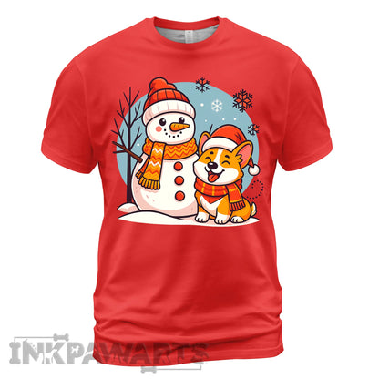 Red Corgi T-Shirt with cute corgi and snowman wearing winter hats and scarves