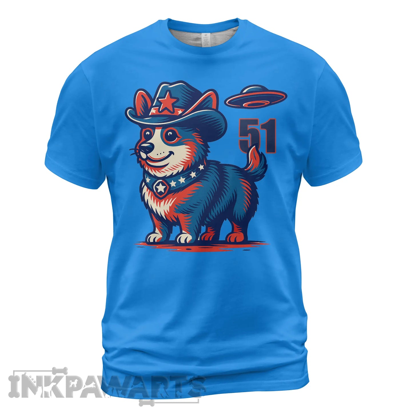 Blue Corgi T-Shirt featuring a cowboy Corgi with a star hat and UFO graphic
