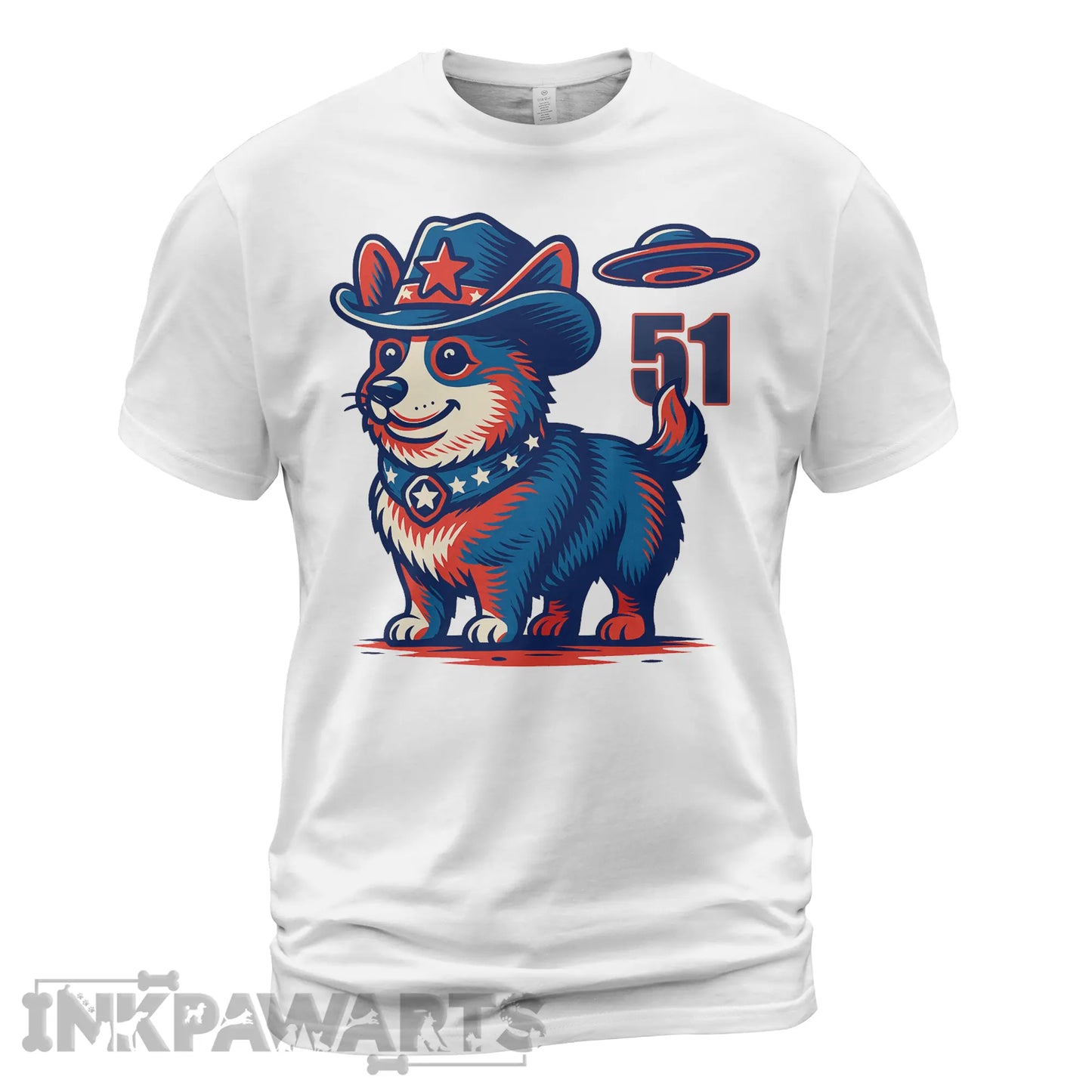 White Corgi T-Shirt by InkPawArts featuring patriotic corgi in cowboy hat with UFO and number 51