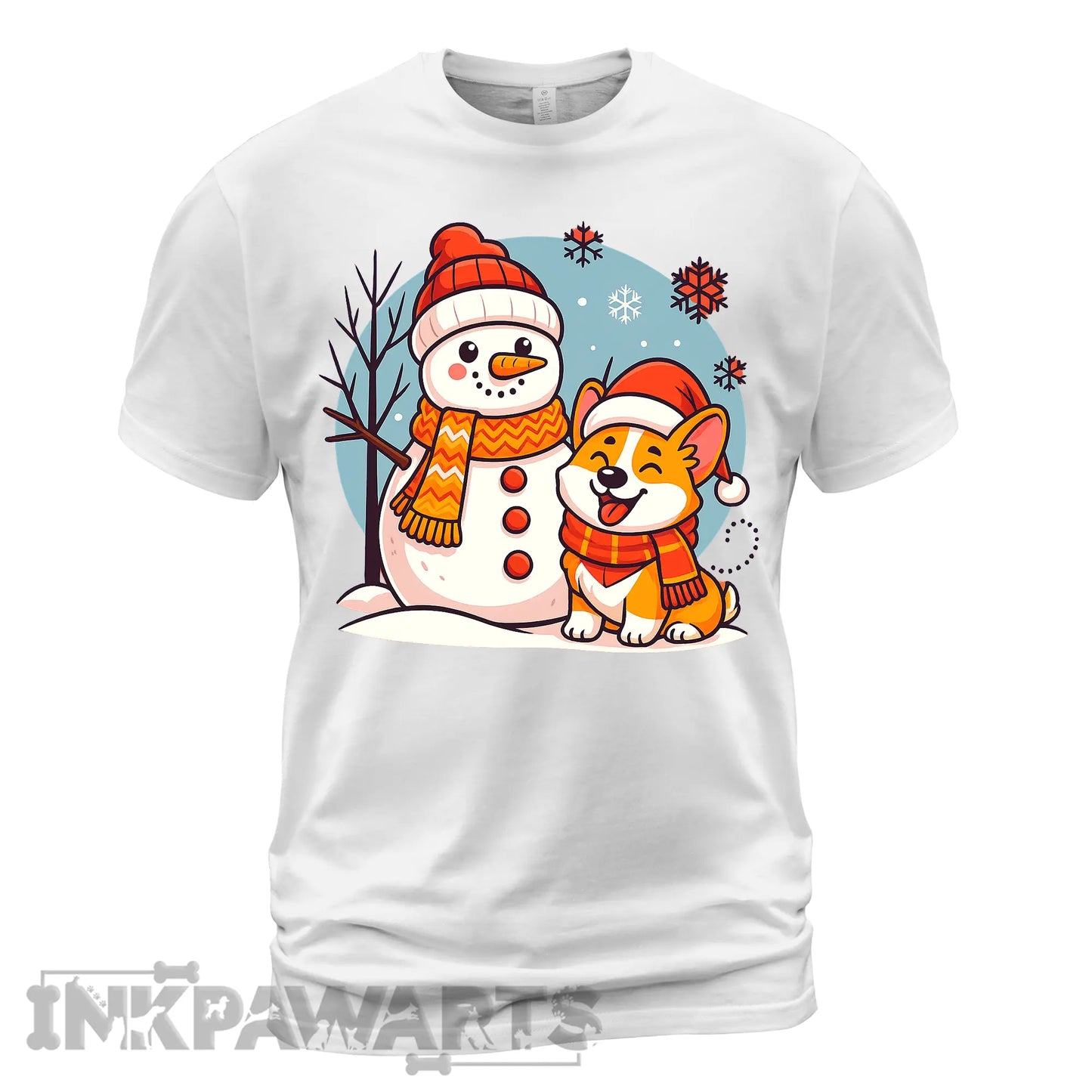 White Corgi T-Shirt with a cheerful corgi and snowman wearing winter hats and scarves