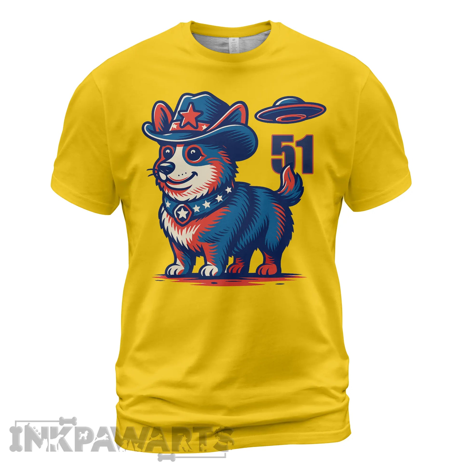 Yellow Corgi T-Shirt by InkPawArts featuring patriotic corgi in cowboy hat with UFO and 51 design