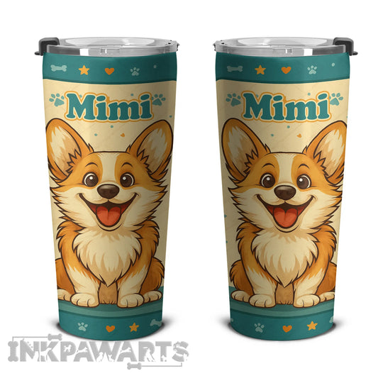 InkPawArts Corgi Tumbler featuring cute smiling corgi with name Mimi and paw print design