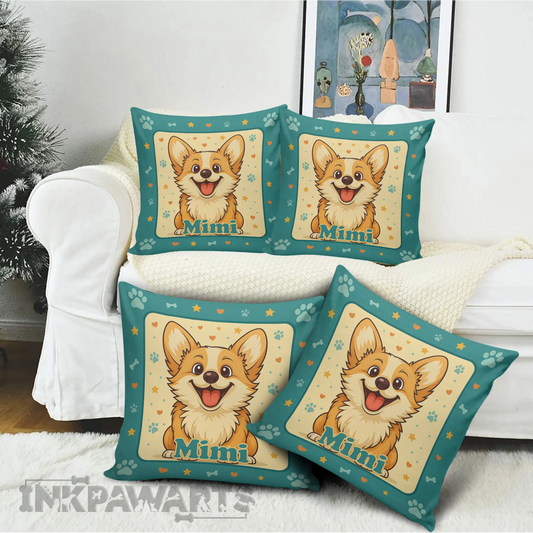 Set of four Corgi Pillow with cute cartoon corgi and Mimi text on green background with stars and paw prints