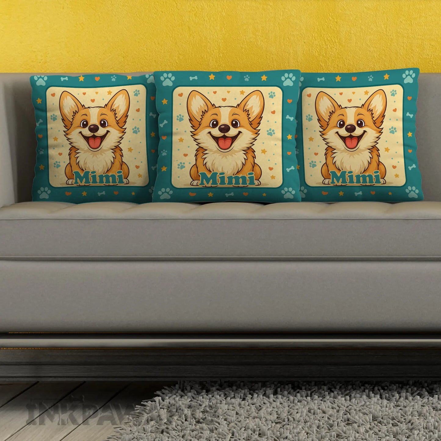 InkPawArts Corgi Pillow set featuring three teal cushions with happy cartoon corgi faces on a beige sofa