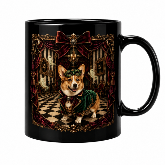 Gothic Masquerade Corgi Mug – Haunted Ballroom Gift