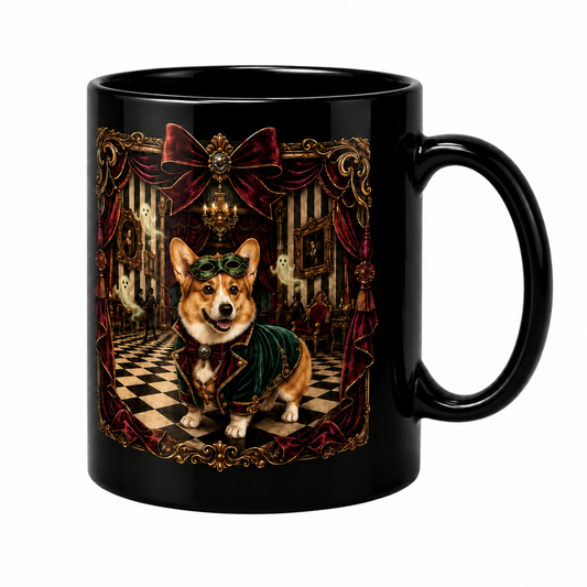 Gothic Masquerade Corgi Mug – Haunted Ballroom Gift