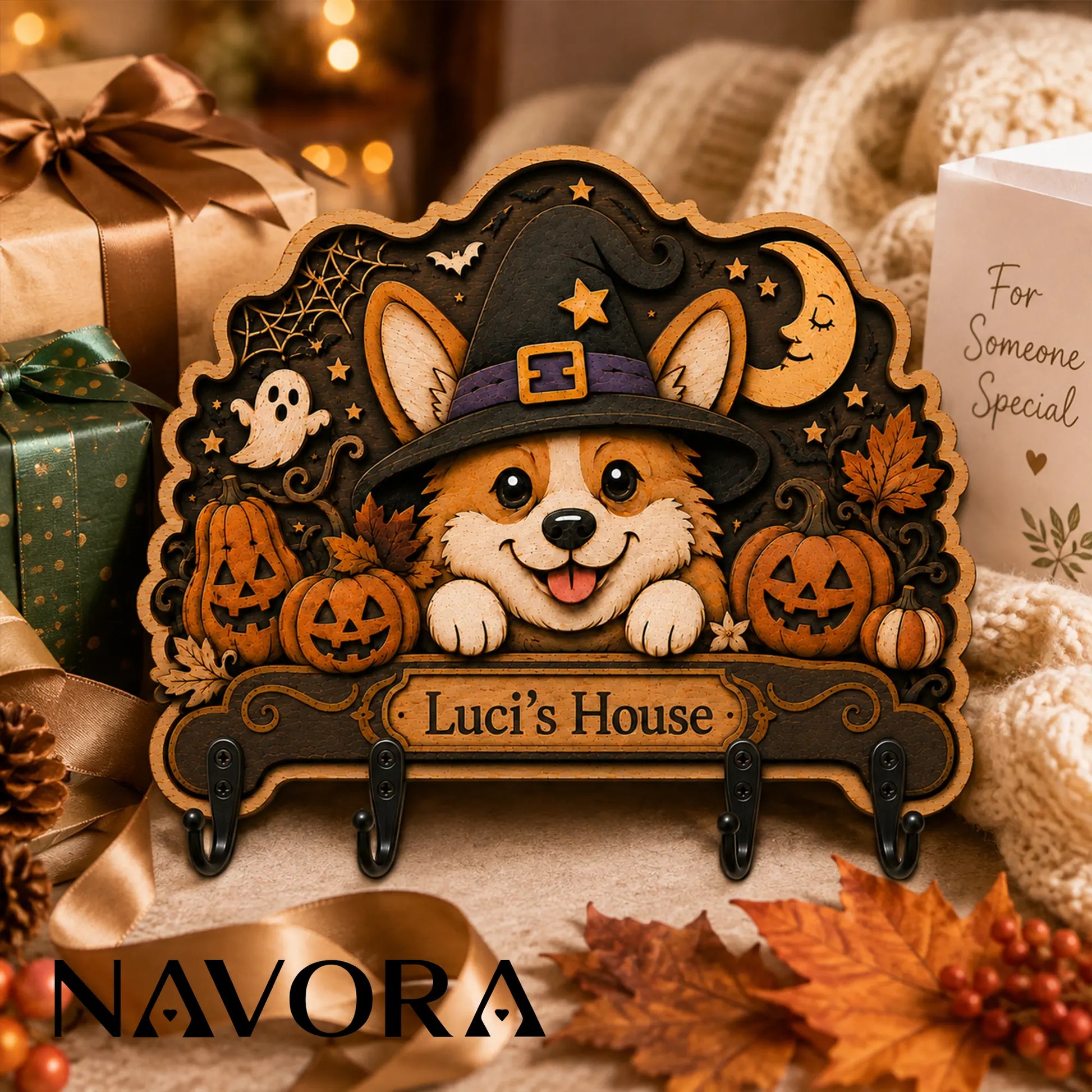 Halloween Corgi wall decor key holder surrounded by pumpkins, autumn leaves and warm seasonal lights