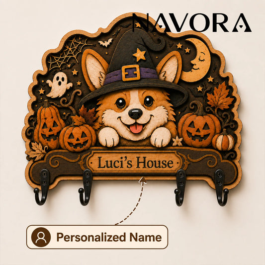 Corgi Wood Key Holder mounted by the door with keys and pet accessories hanging from four hooks