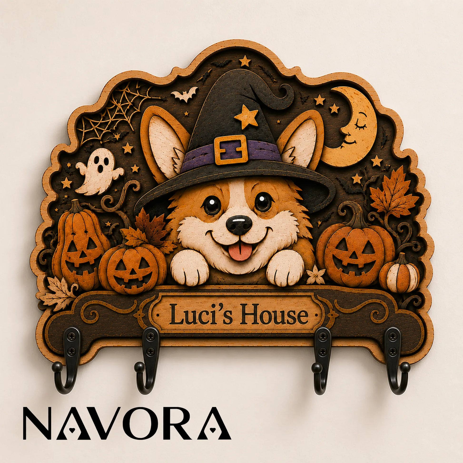 Personalized Corgi Wood Key Holder with four hooks, witch hat, pumpkins and Halloween decorations
