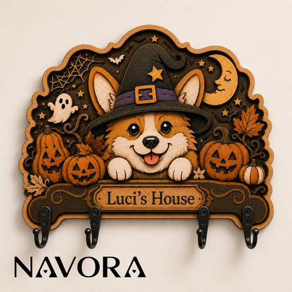 Personalized Corgi Wood Key Holder with four hooks, witch hat, pumpkins and Halloween decorations